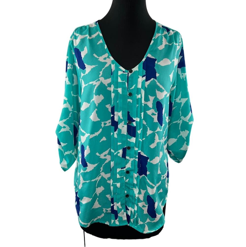 YUMI KIM Teal White 3/4 Sleeve Pintucked Button-Down V-Neck Blouse Top Size S